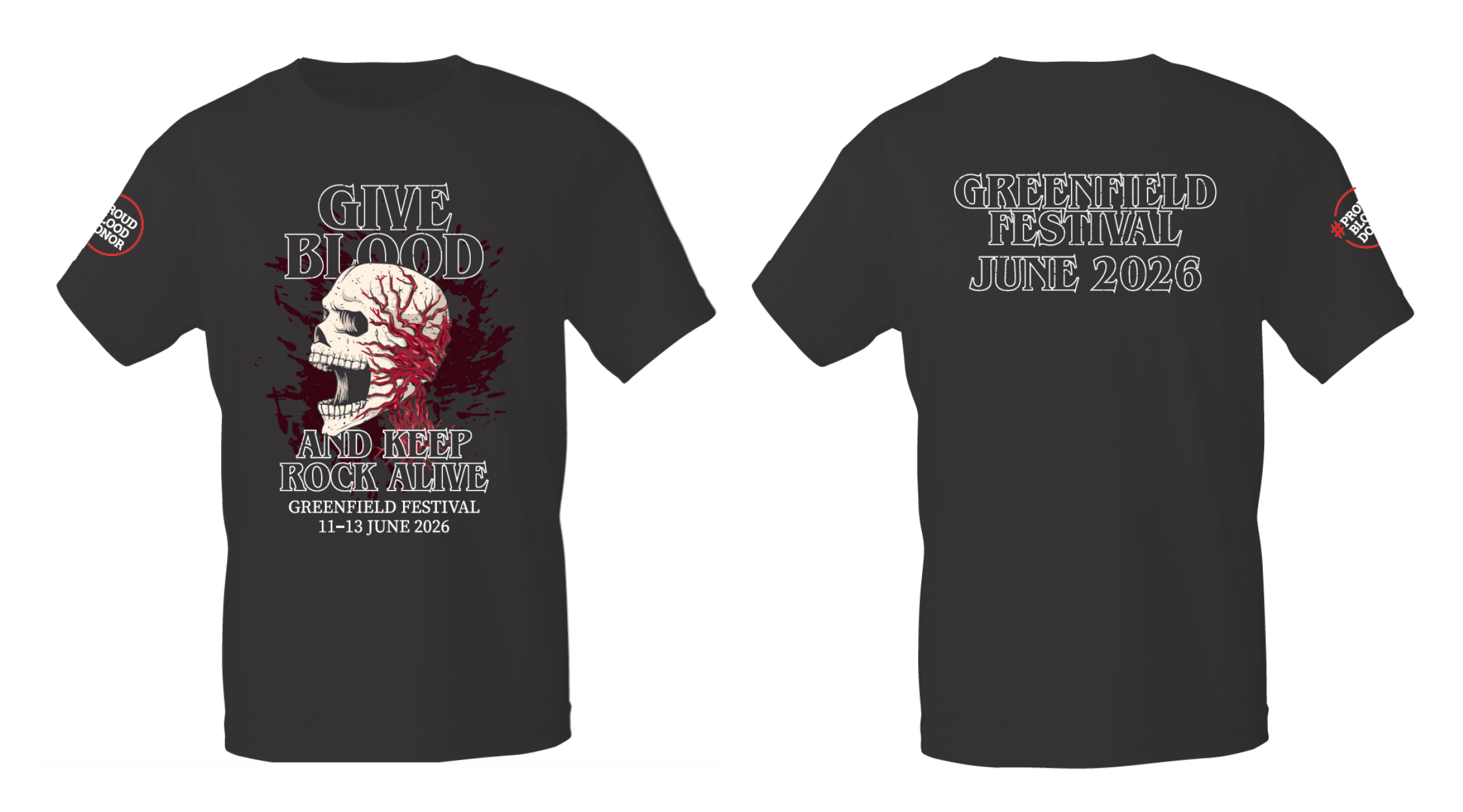 Vorder- und Rückseite eines Shirts, auf der Vorderseite sieht man einen Schäde. Auf der Rückseite steht Greenfield Festival June 2026.